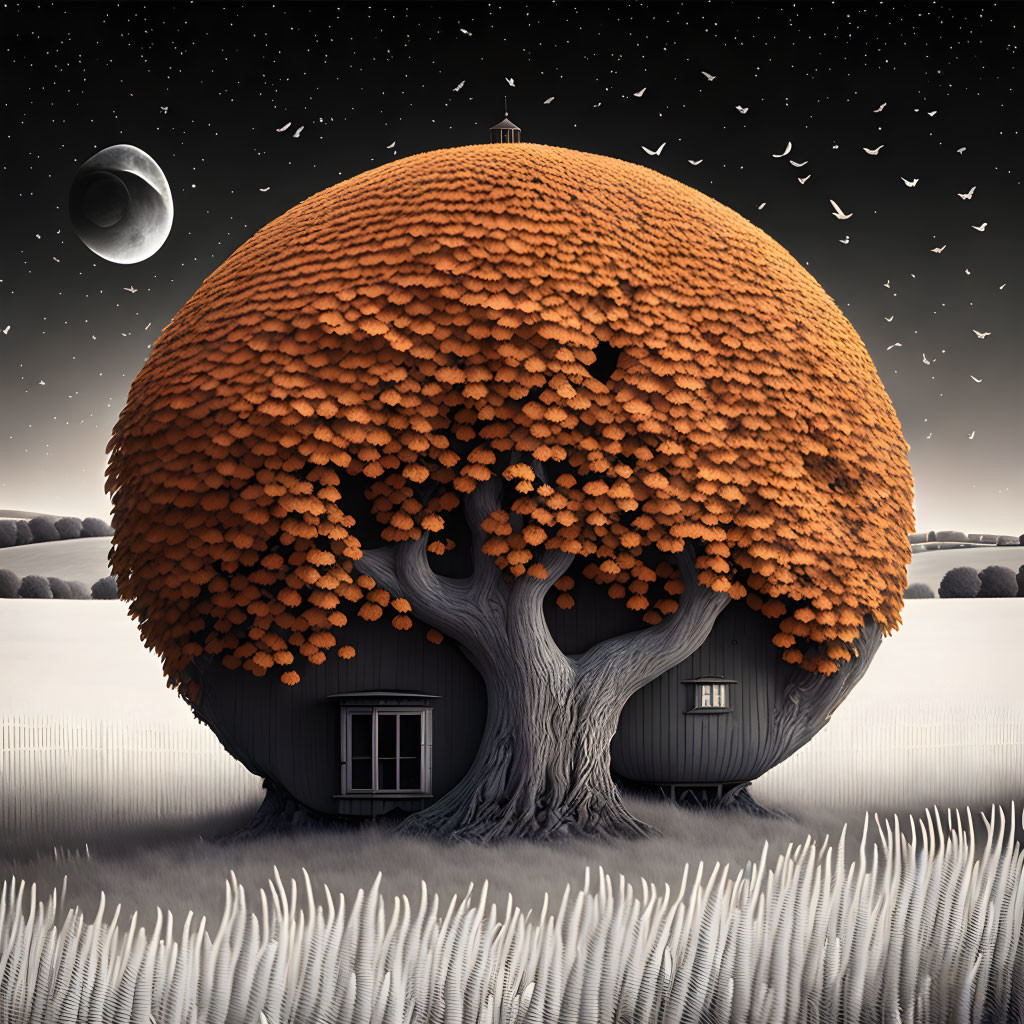 Large spherical treehouse in autumn tree under crescent moon