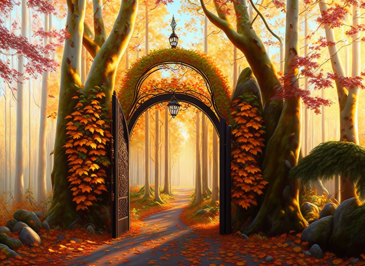 Enchanted forest path with autumn trees and ornate gate