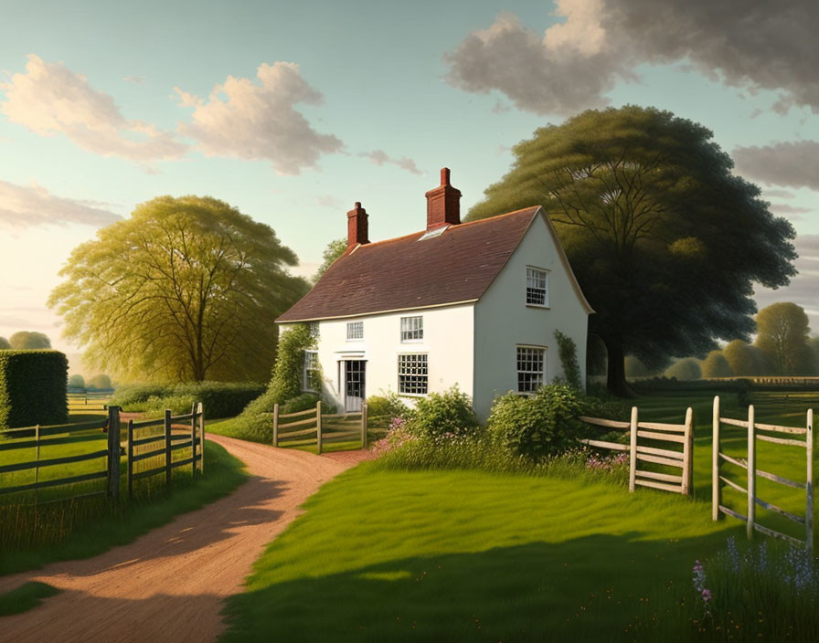 White Cottage with Red Chimneys in Tranquil Countryside Setting