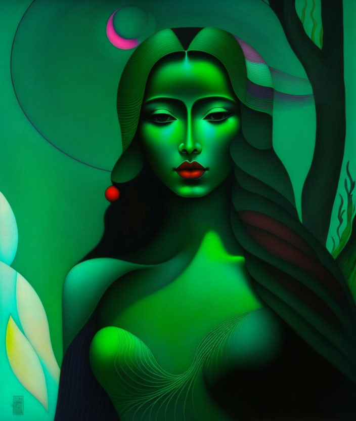 Surreal portrait of woman with green skin and flowing green shapes