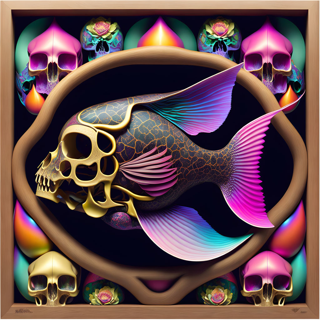 Surreal gold-patterned fish with skull head in swirling frame