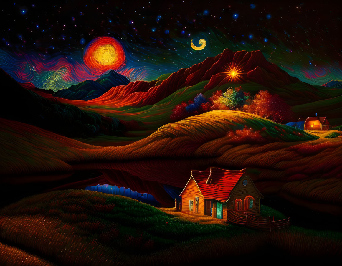 Colorful night landscape with illuminated cottage, rolling hills, starry sky, sun, moon.