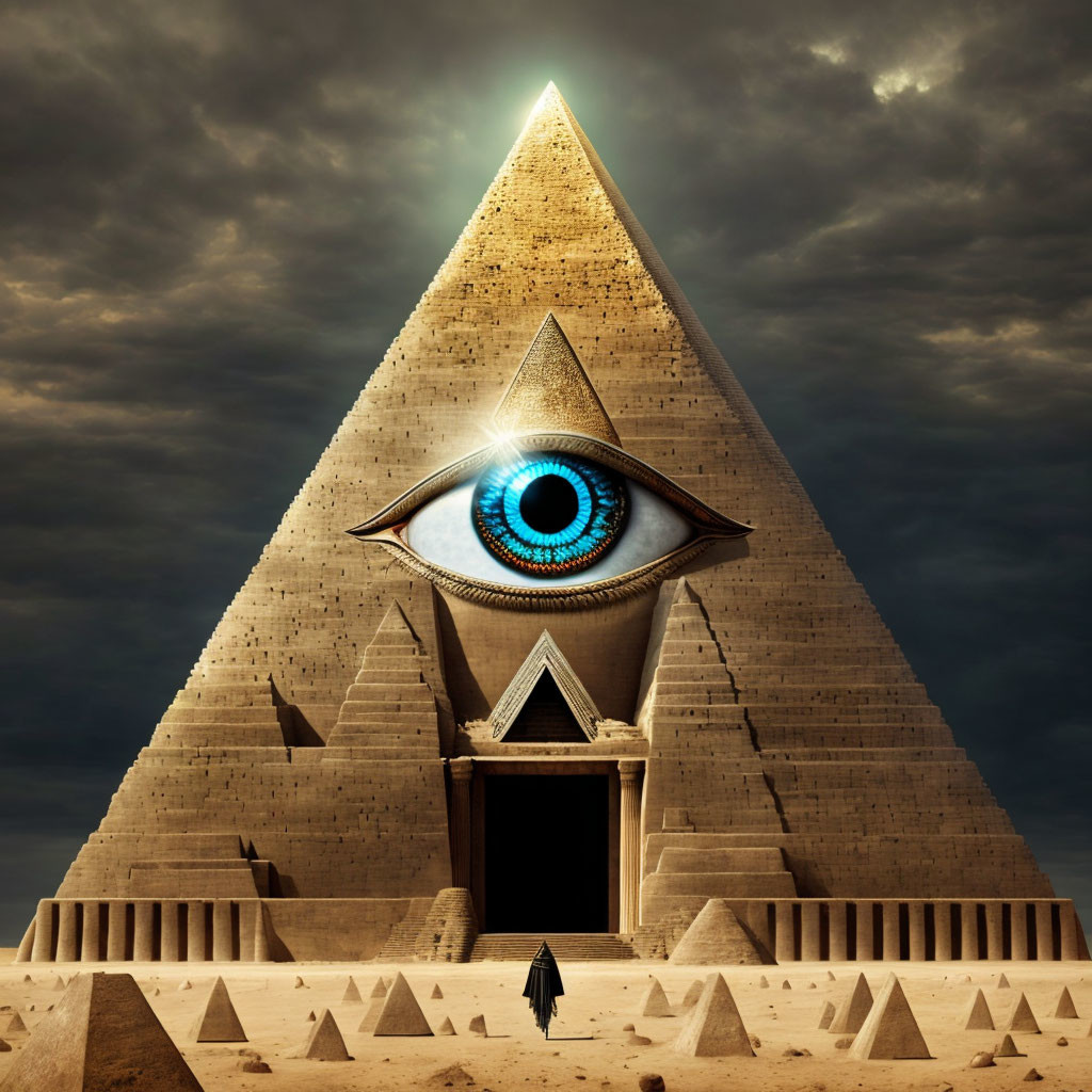 Person standing in front of pyramid with Illuminati-style eye under dramatic sky