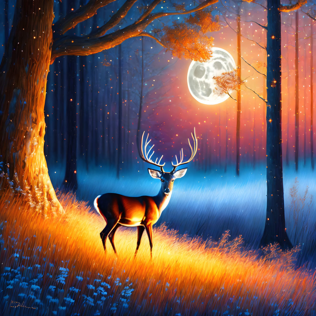 Majestic stag in mystical forest under moonlit sky