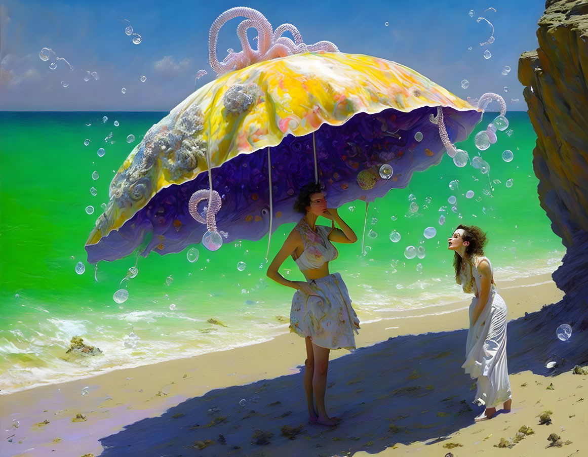 Two women under giant jellyfish umbrella at sea with floating bubbles.