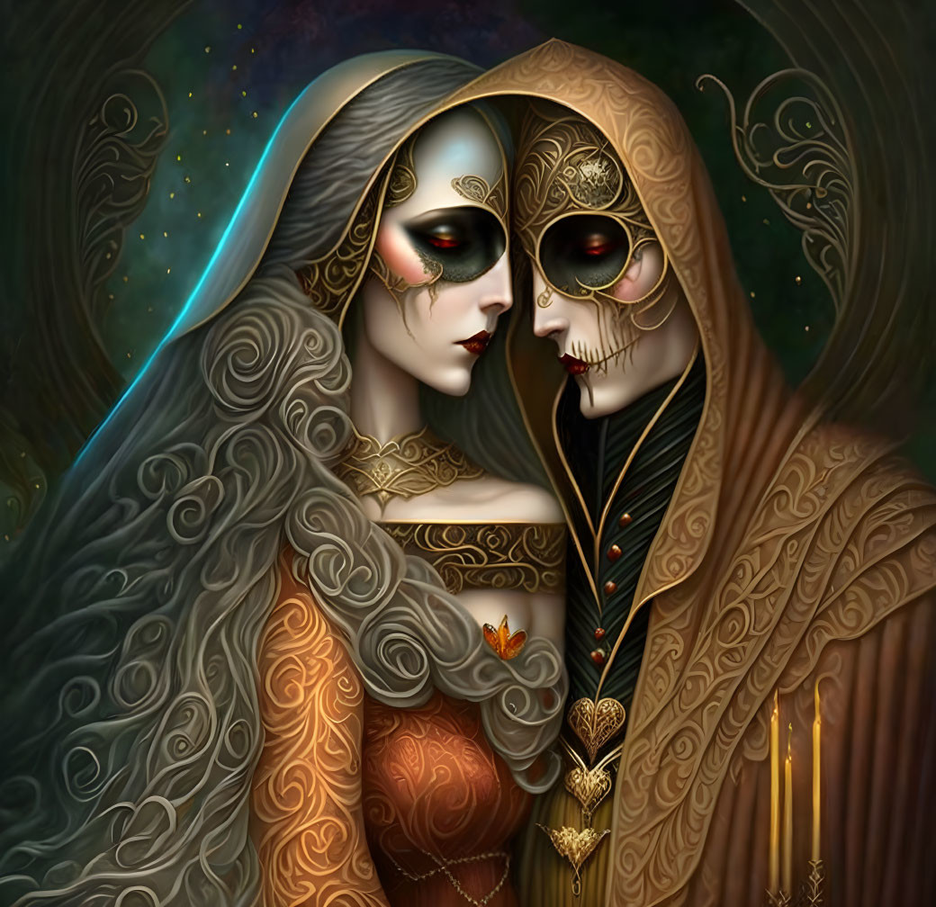 Digital Art: Two skeletal figures in golden masks & cosmic costumes gaze intimately