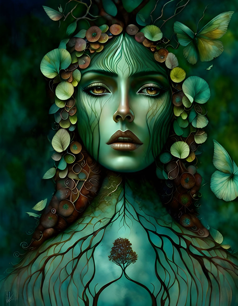 Green-skinned female figure with nature-inspired elements in fantastical portrait