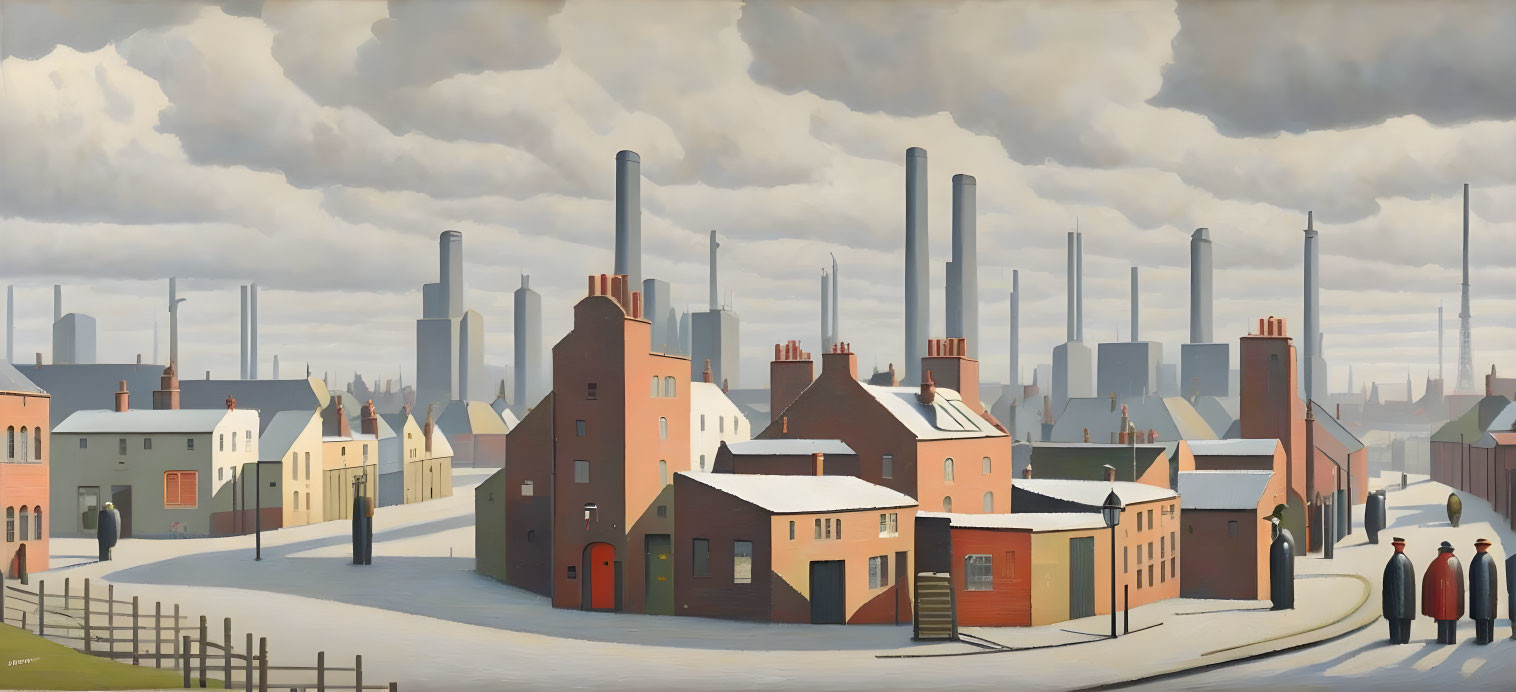 Industrial landscape with smoking chimneys, terraced houses, and people under a cloudy sky