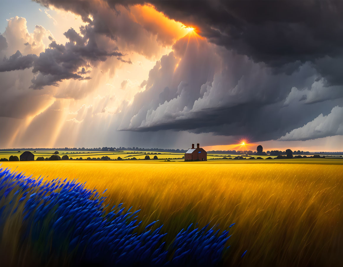 Golden field under stormy sky with red-roofed house and blue flowers