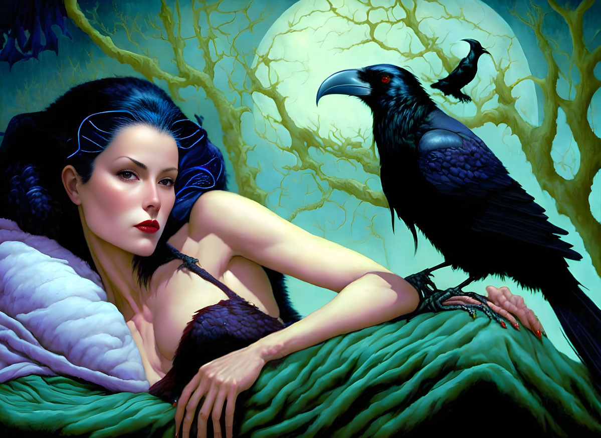 Dark-haired woman with pale skin beside a black raven in a mystical forest.