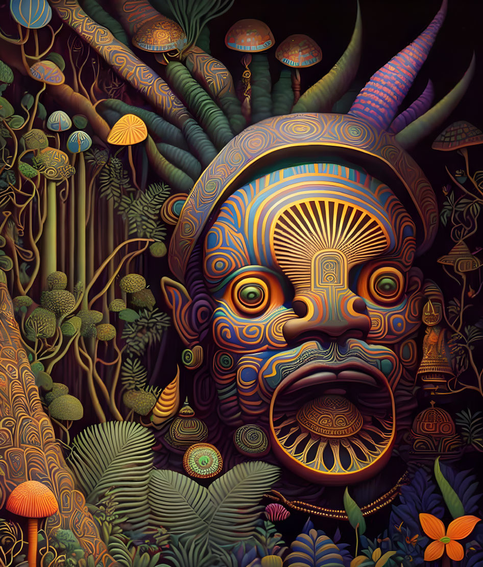 Colorful Mythological Figure in Forest with Glowing Mushrooms