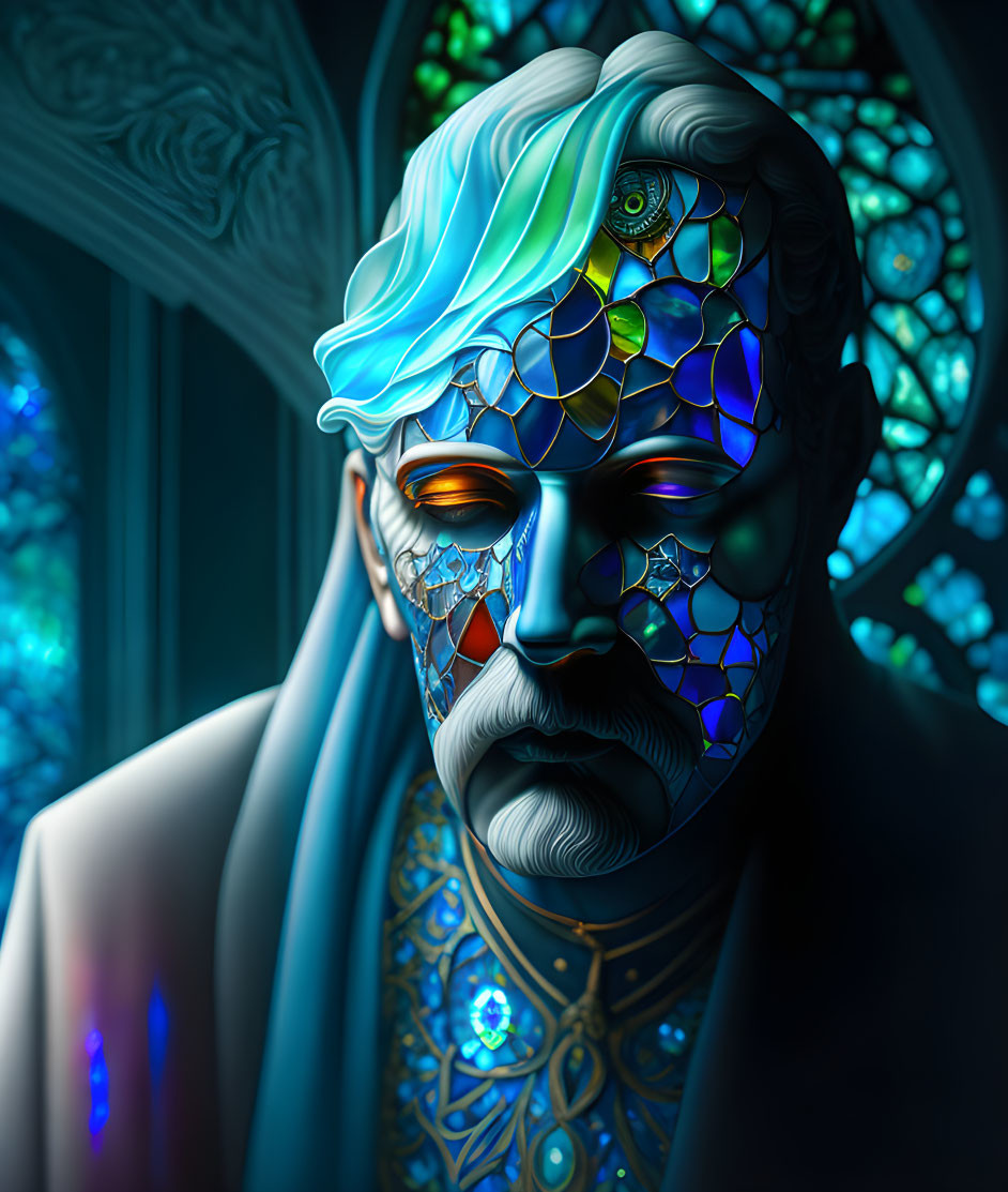 Digital artwork: Figure with mosaic face, glowing eyes, blue/silver hair against stained-glass background