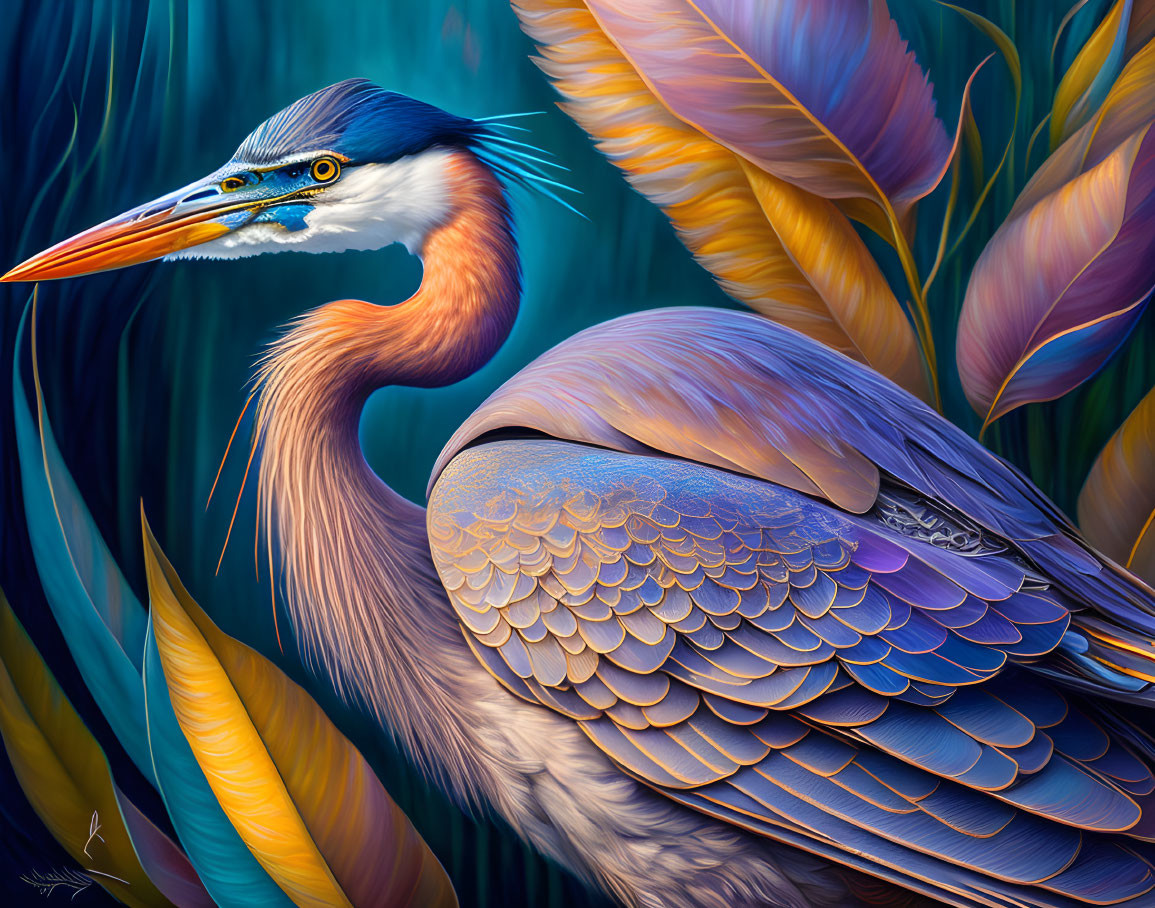 Detailed Great Blue Heron Artwork with Vibrant Color Palette