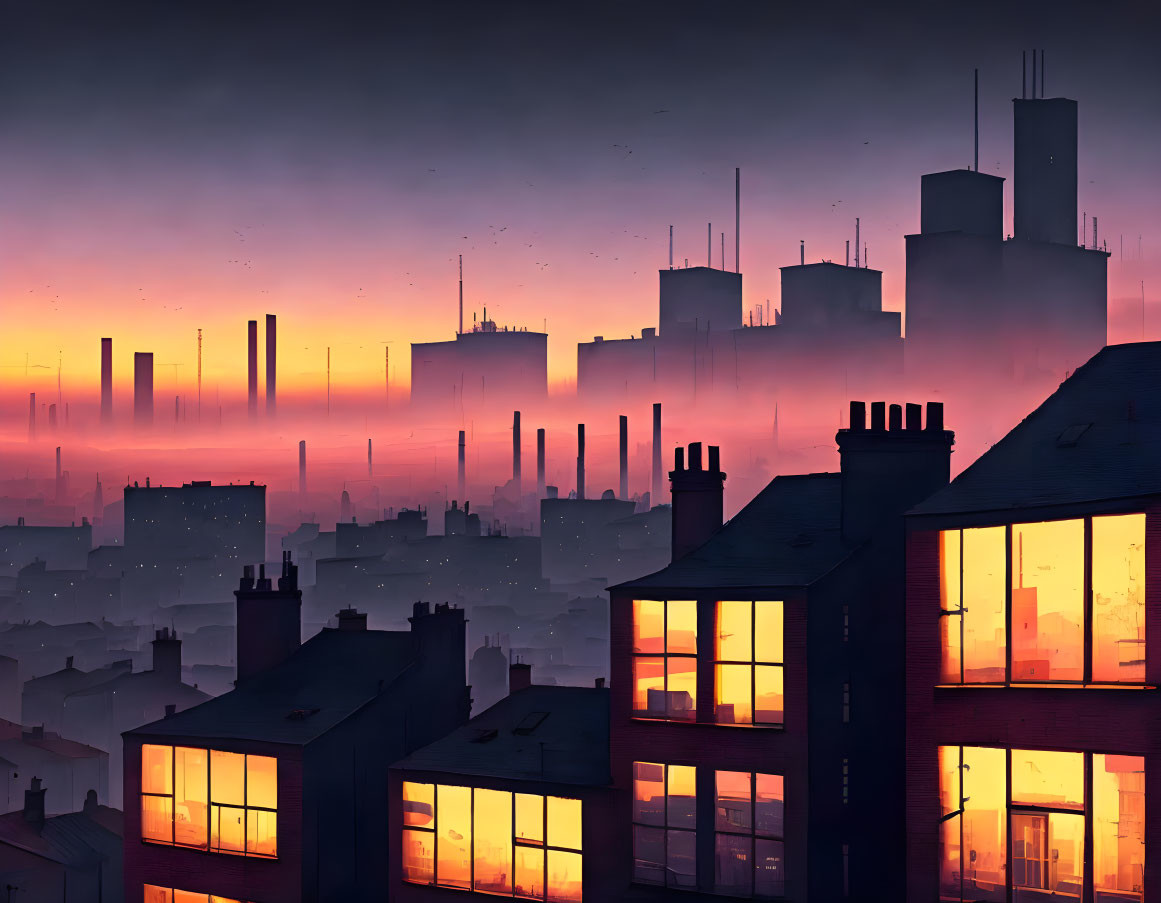 Cityscape at Dusk: Silhouettes of Skyscrapers Against Orange and Purple Sky