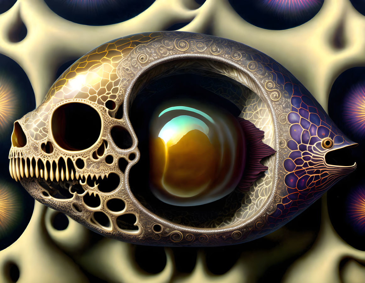 Surreal skull-fish fusion on circular iridescent backdrop