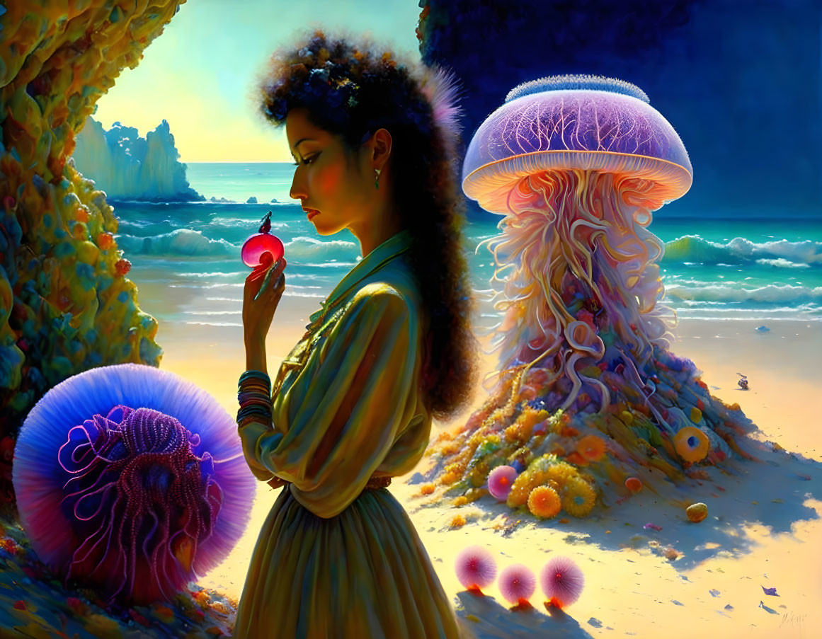 Woman holding an apple by fantastical seaside with vibrant jellyfish and surreal coastal backdrop