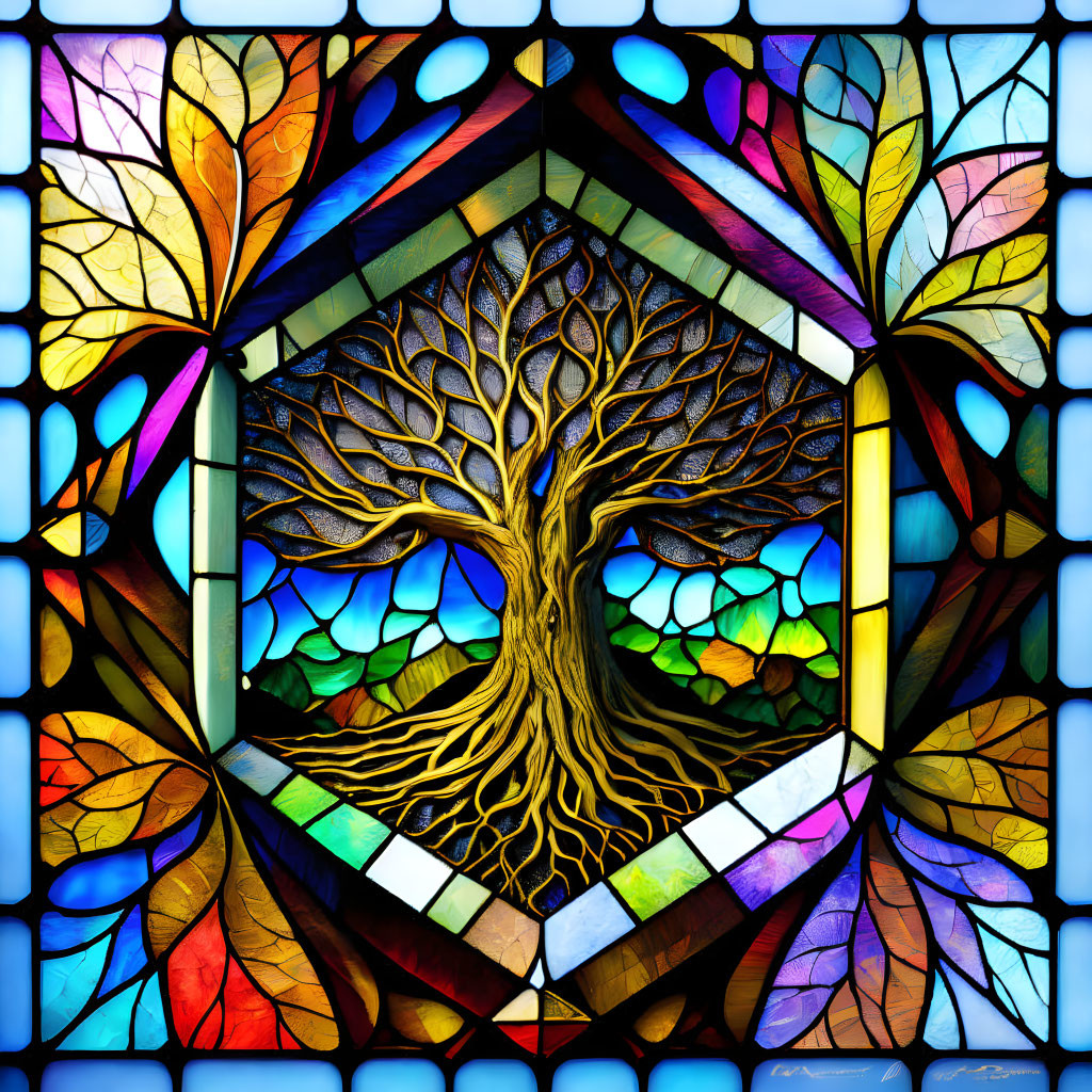 Vibrant stained glass artwork: intricate tree in geometric diamond with autumn leaves.