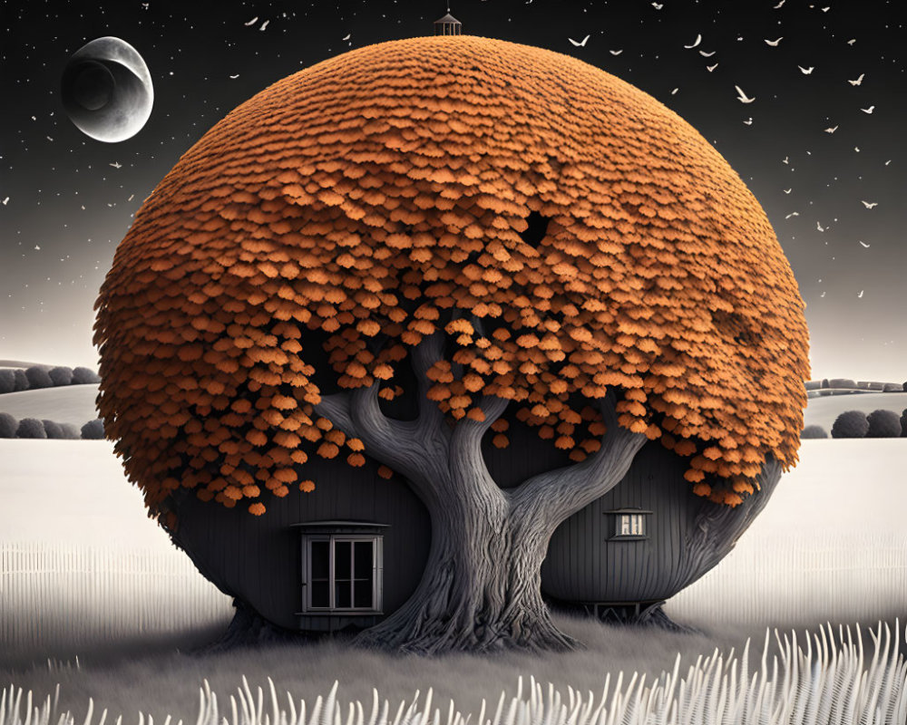 Large spherical treehouse in autumn tree under crescent moon