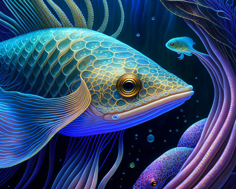 Colorful Digital Artwork of Large Patterned Fish in Luminescent Scales Swimming in Deep Blue