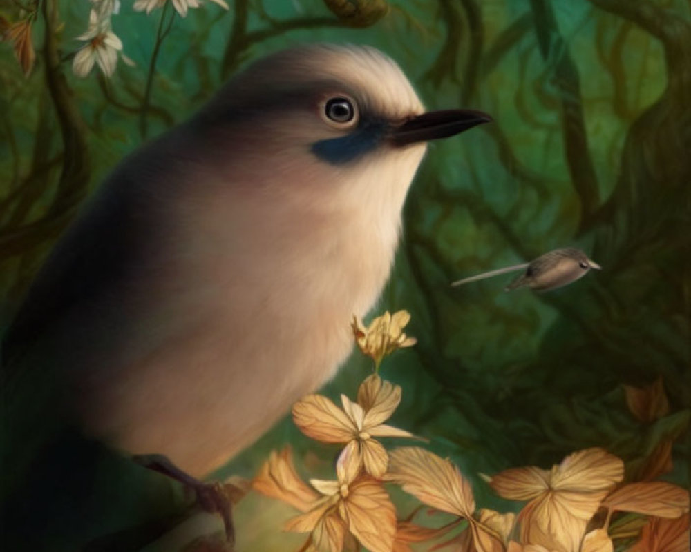 Serene Bird Among Lush Foliage and Flowers