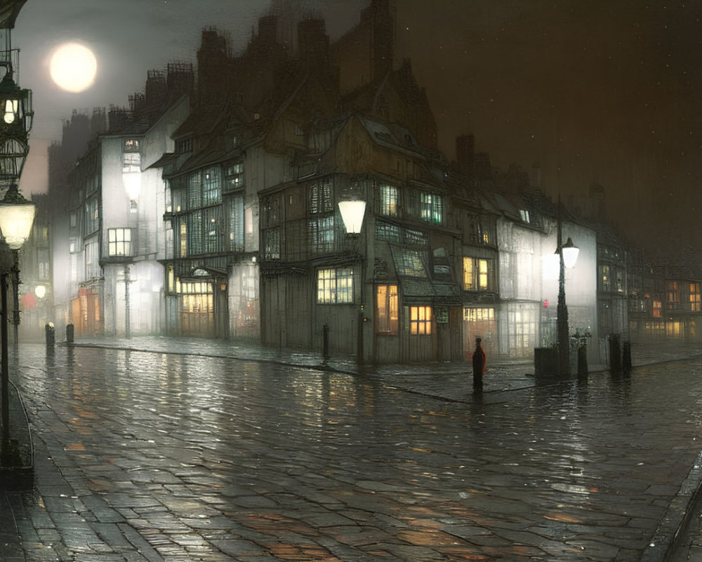 Moonlit cobblestone street with old buildings and glowing street lamps at dusk