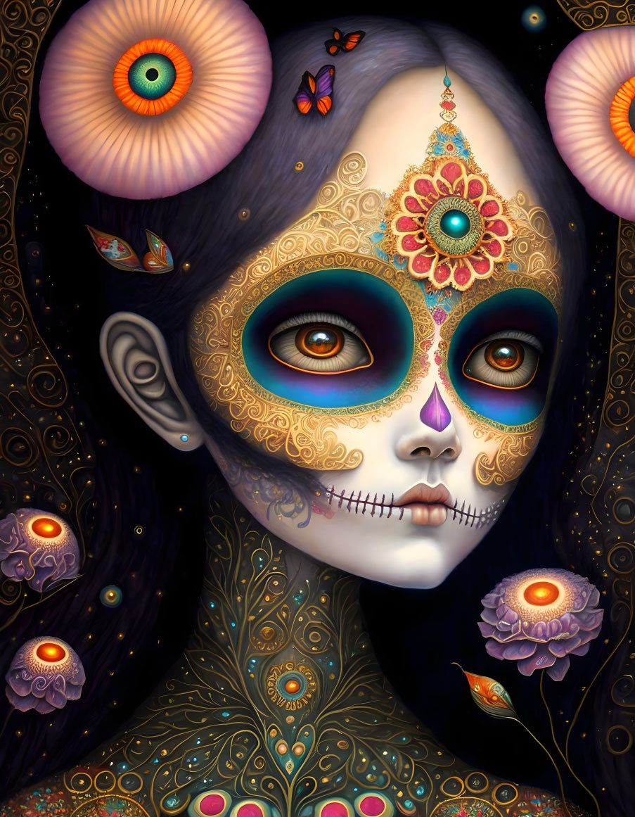 Detailed Day of the Dead makeup illustration with floral patterns