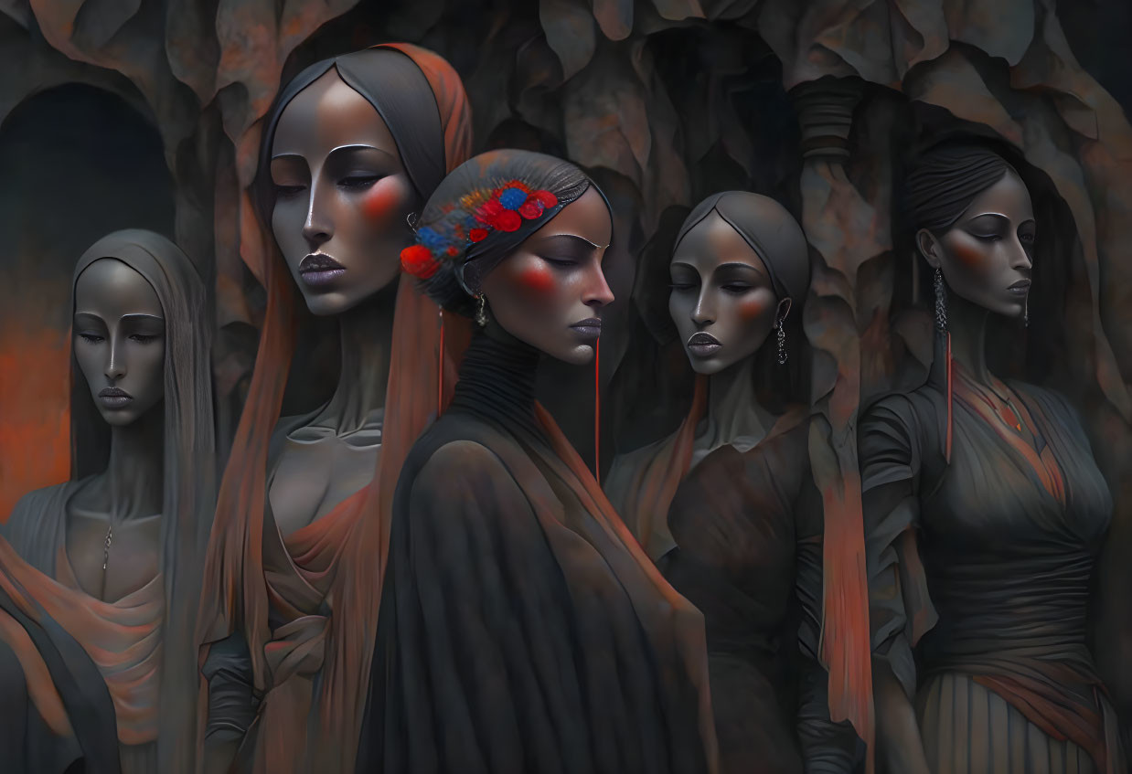 Stylized women with elongated necks in somber expressions amid dark cavernous rocks