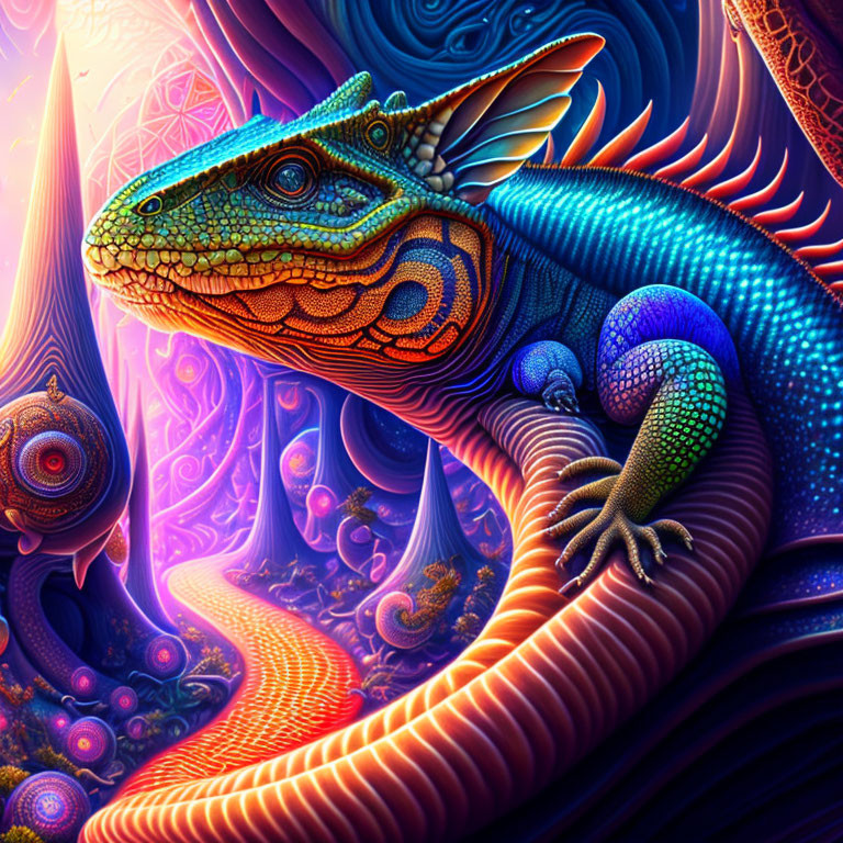 Colorful chameleon against psychedelic backdrop: Digital artwork.