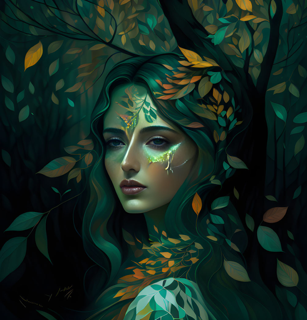 Digital artwork: Woman with green hair and leafy backdrop