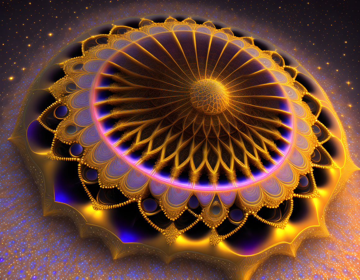 Golden Mandala Fractal on Cosmic Blue and Purple Background