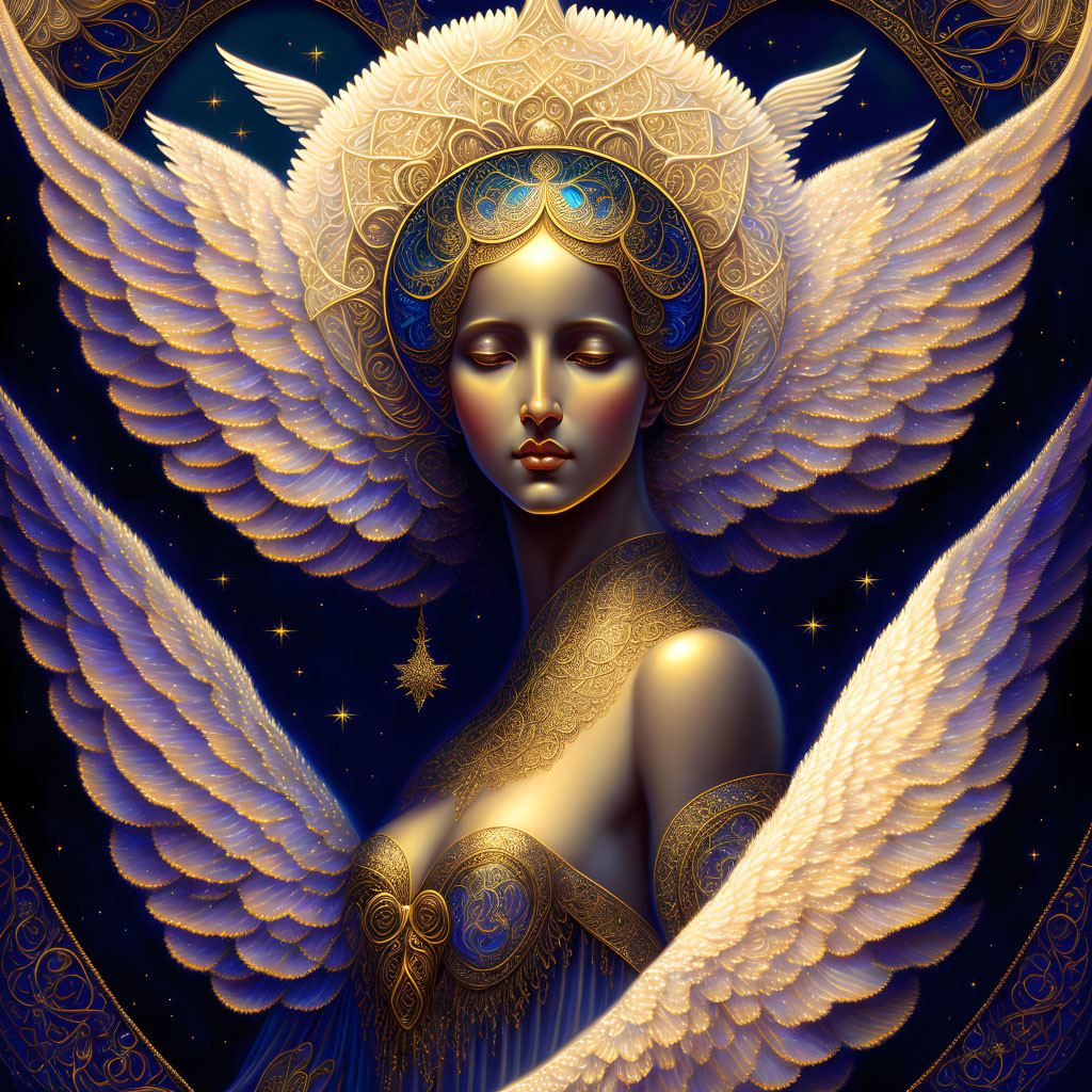 Celestial being with multiple white wings in golden headpiece among starry background