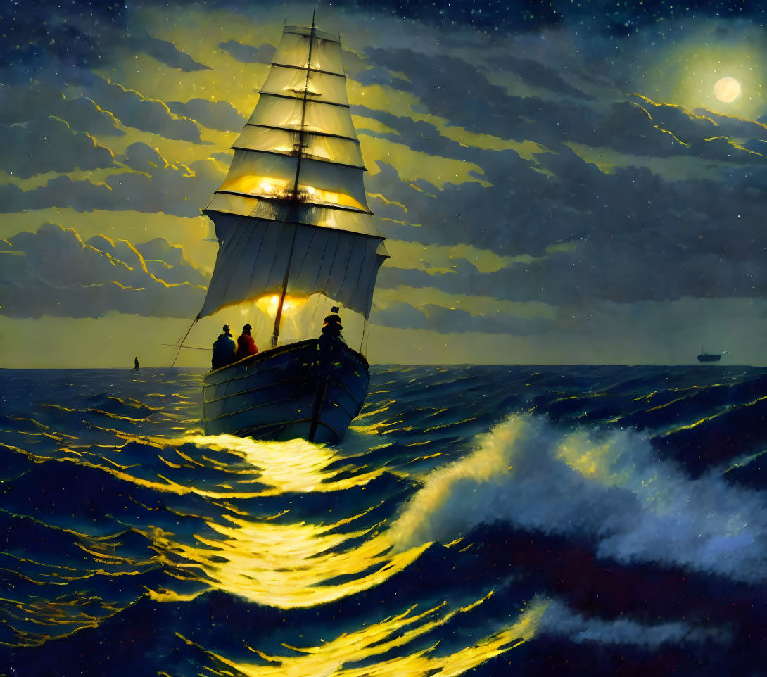 Moonlit sailboat navigating turbulent seas at night