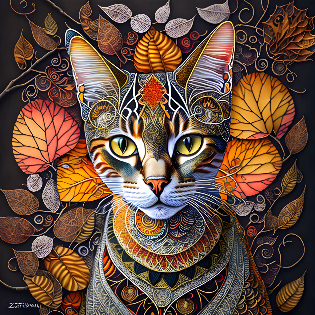 Vibrant cat illustration with intricate patterns and autumn leaf backdrop