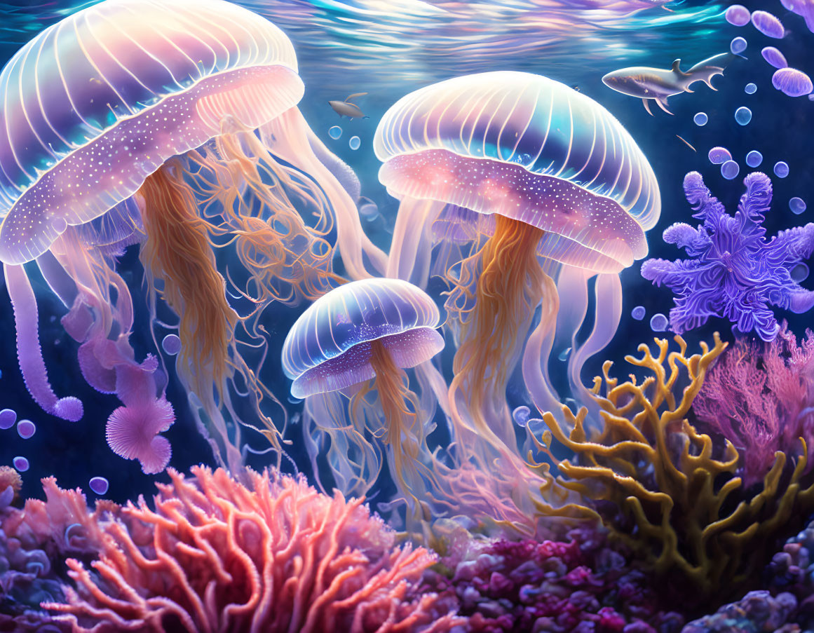 Colorful Jellyfish and Coral in Serene Underwater Scene