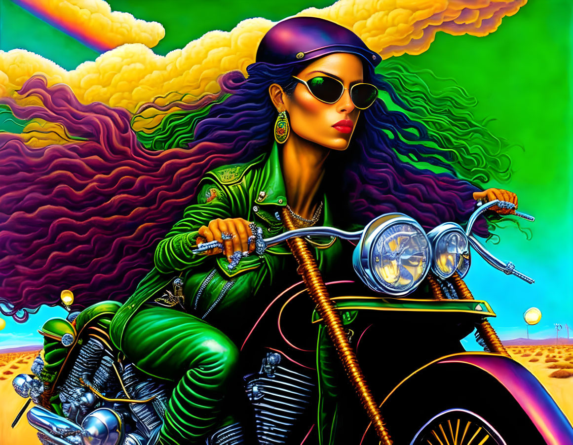 Stylish person with flowing hair in green outfit rides motorcycle on vibrant psychedelic background