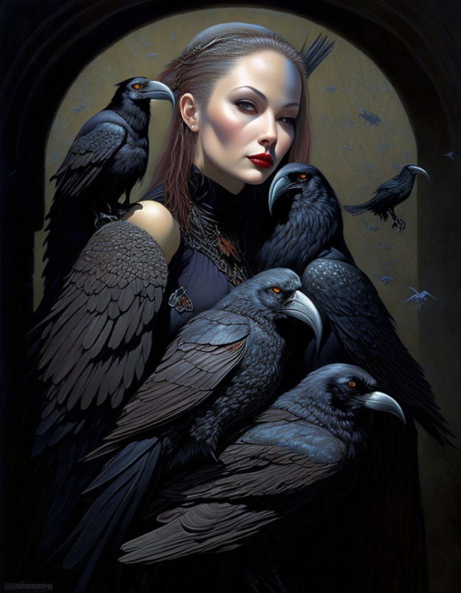 Woman with stern expression surrounded by black ravens in gothic ambiance.