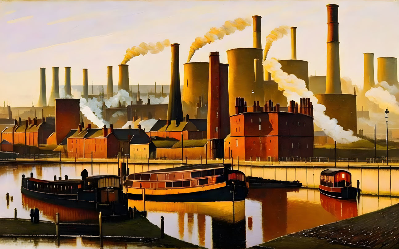Industrial landscape painting with smokestacks, factories, and river boats at sunset.