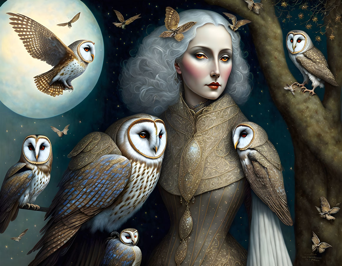 Pale-skinned woman with red lips among barn owls in moonlit setting.