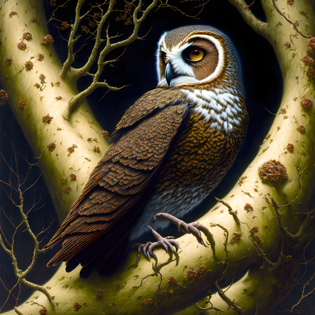 Detailed Owl Illustration in Hollow Tree with Moss and Branches