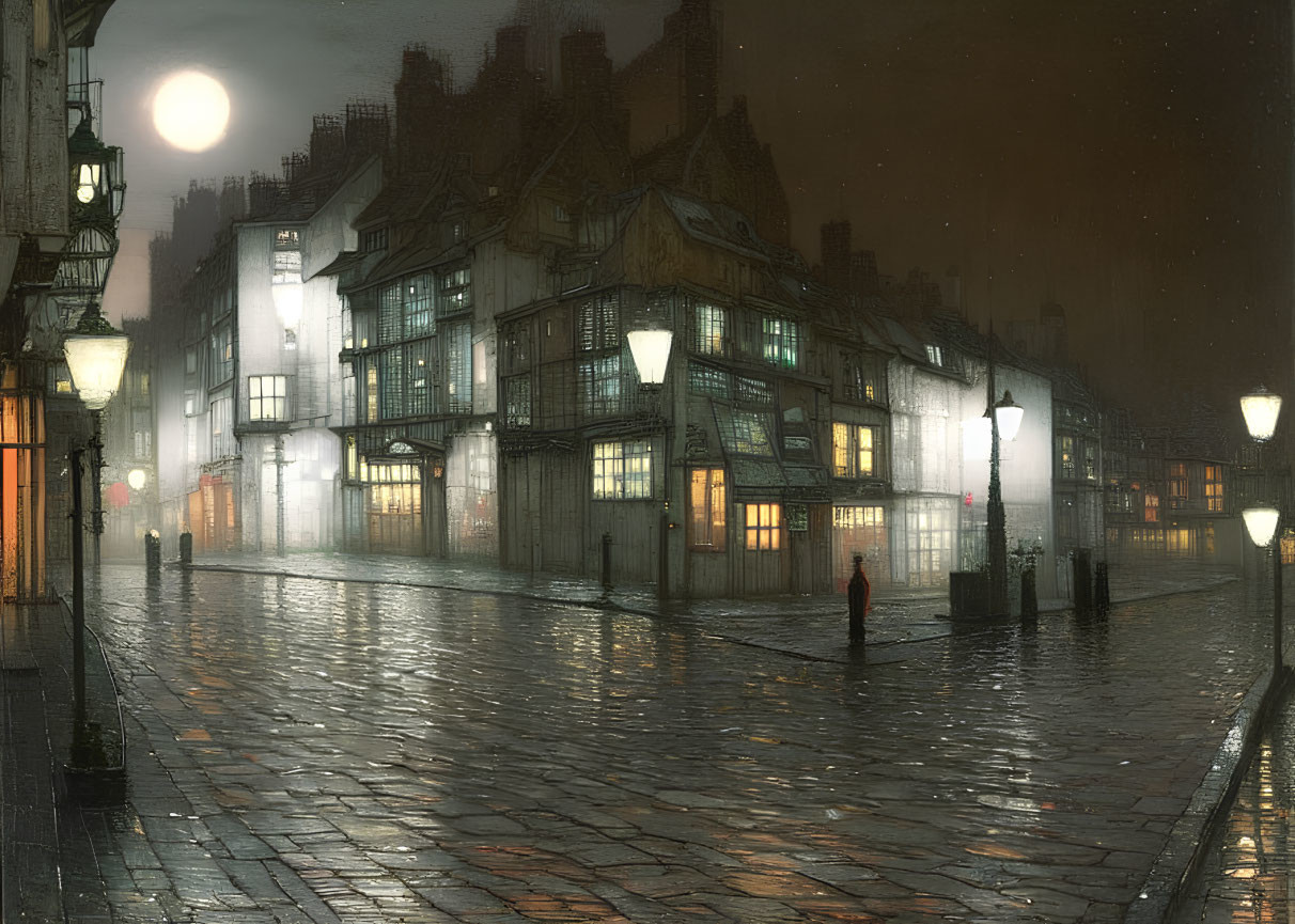 Moonlit cobblestone street with old buildings and glowing street lamps at dusk