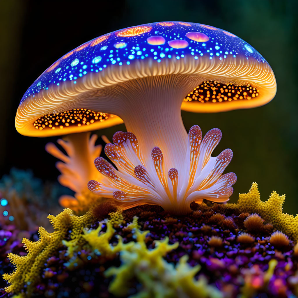 Vibrant Bioluminescent Mushroom on Colorful Coral Bed