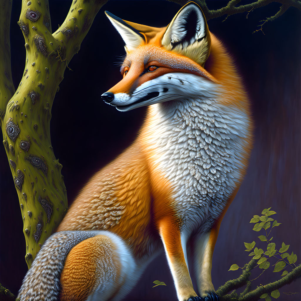 Detailed Fox Illustration Beside Tree at Night