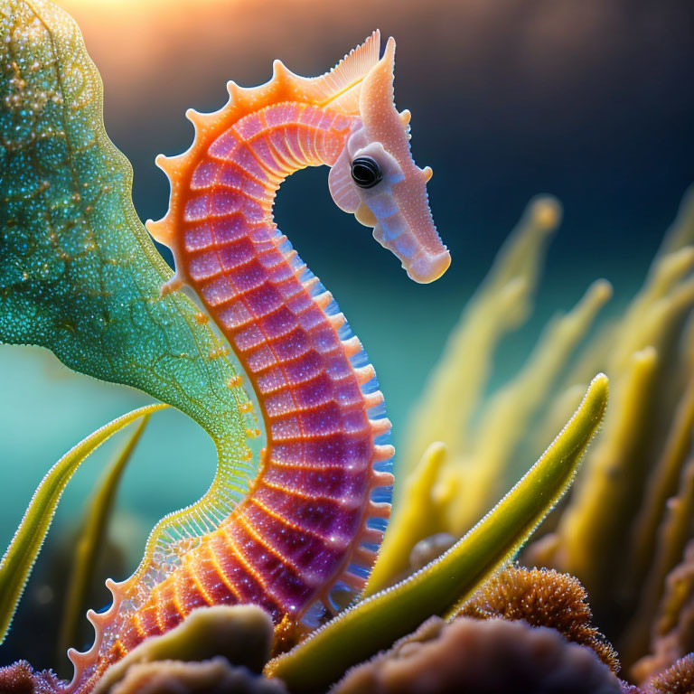 Orange Seahorse with White Stripes Clinging to Green Underwater Vegetation