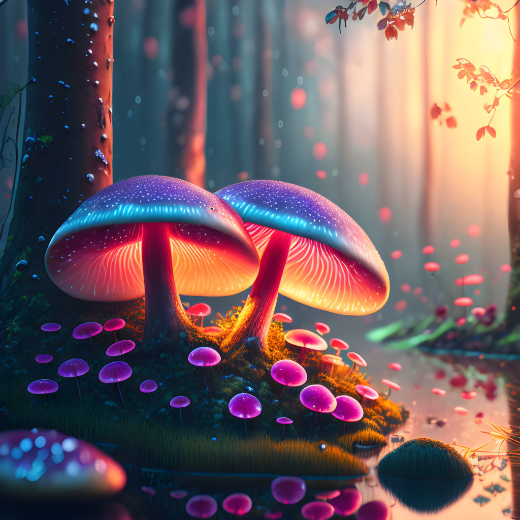 Luminescent mushrooms in enchanted forest with pink mushrooms and filtered light