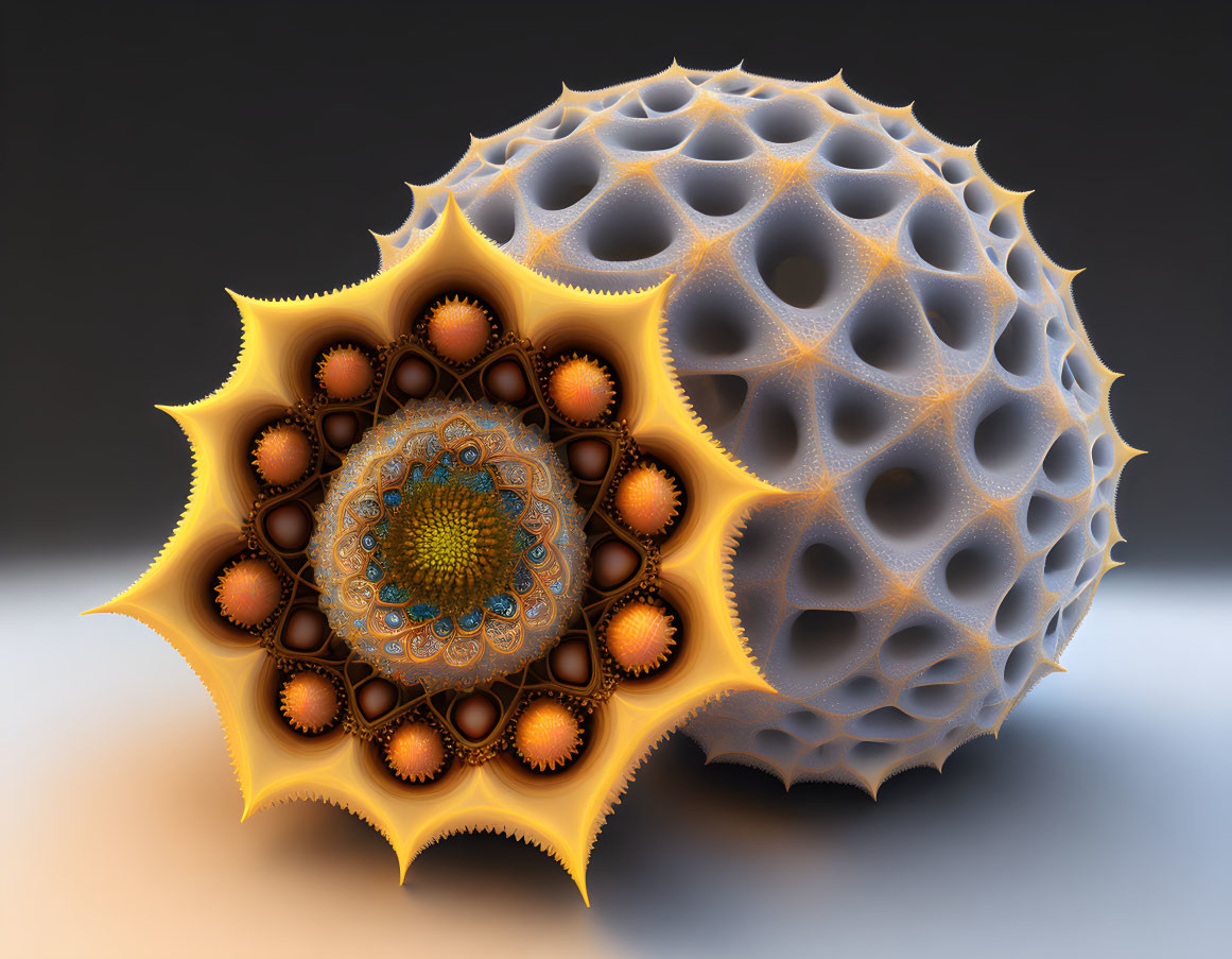 Intricate 3D-rendered fractal spheres with symmetrical pattern