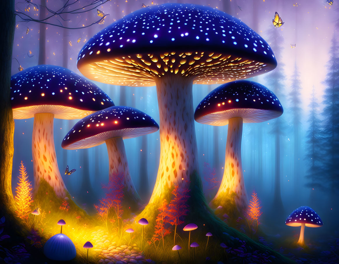 Fantastical forest scene with oversized luminous mushrooms under starry sky