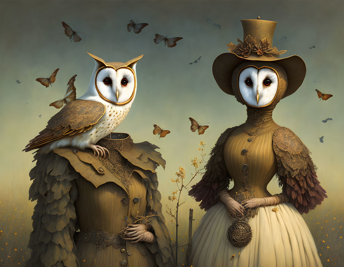 Illustration: Two owls in Victorian attire with butterflies