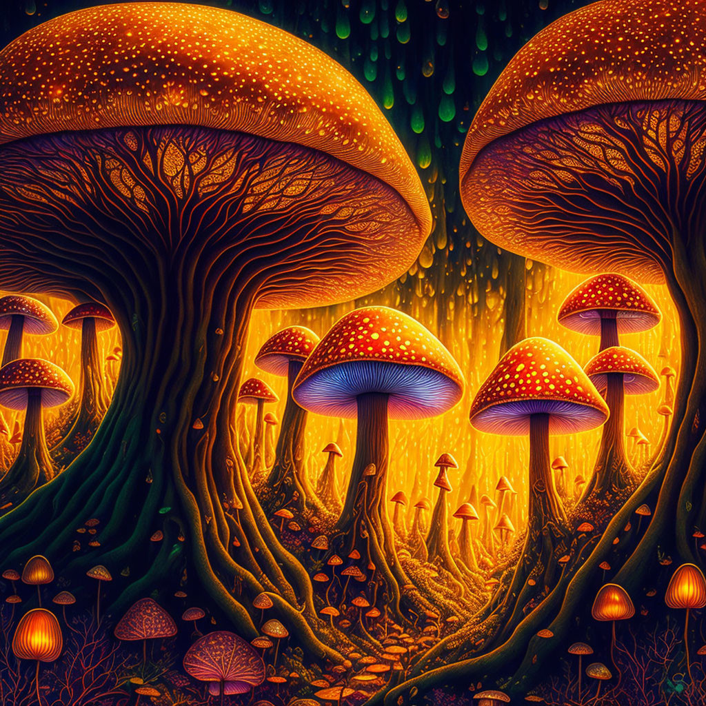 Fantastical glowing mushroom forest with luminescent fungi