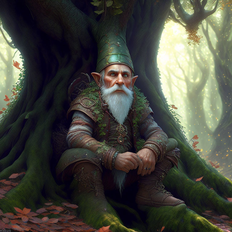 Elderly fantasy dwarf in green clothes under tree in mystical forest