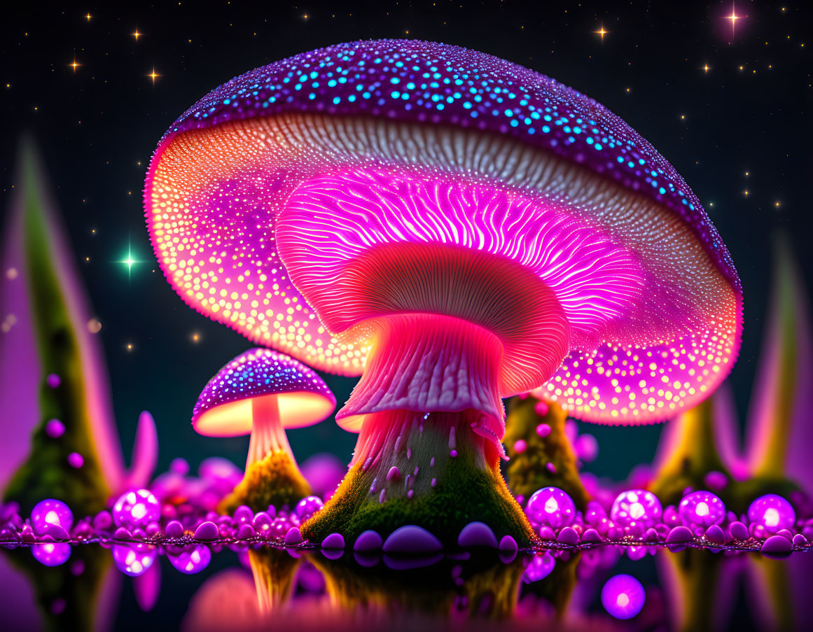 Colorful Glowing Mushrooms in Neon Landscape